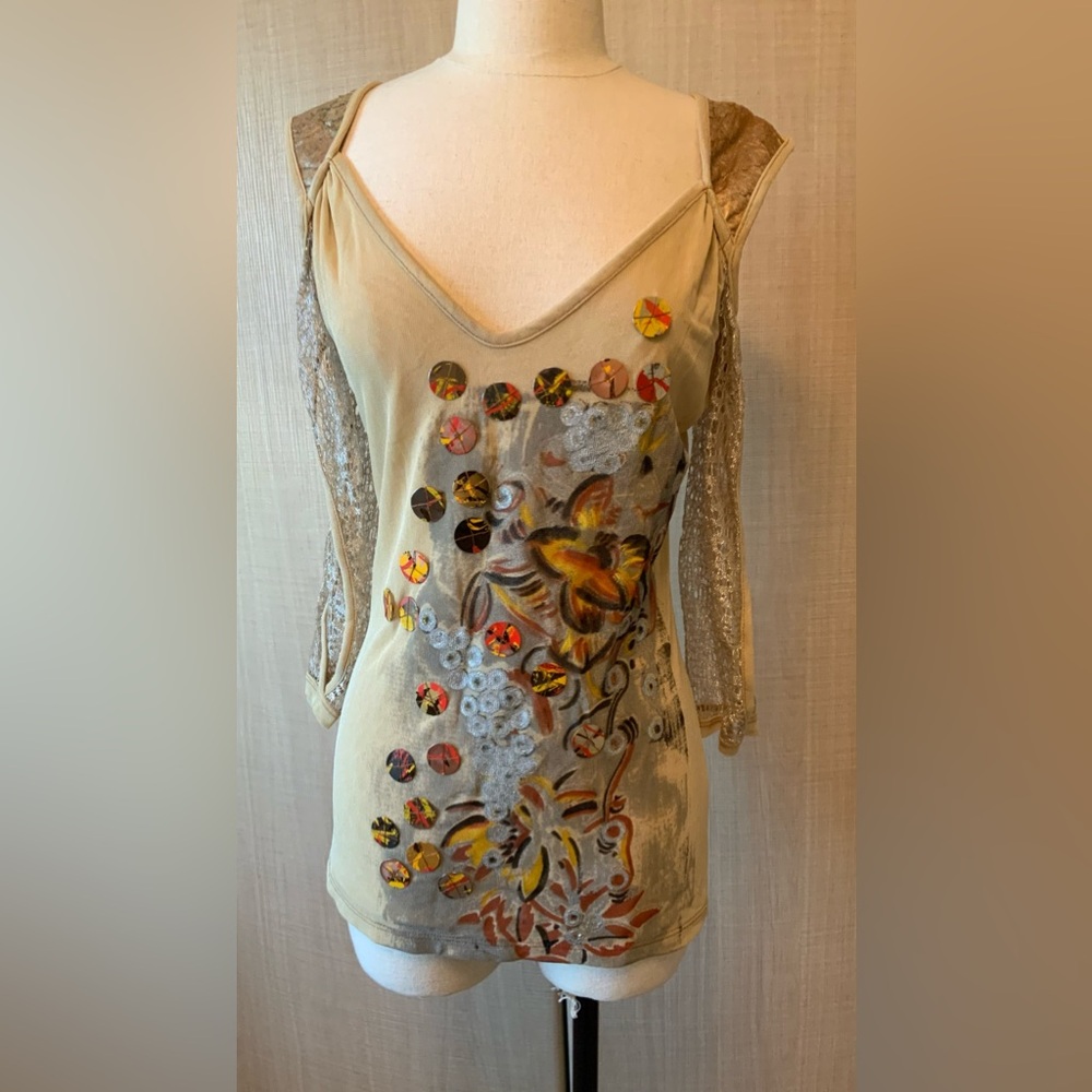 Women’s Legatte Jeans Italy Designer Abstract Mesh 3/4 Sleeve Beige Top Sz M